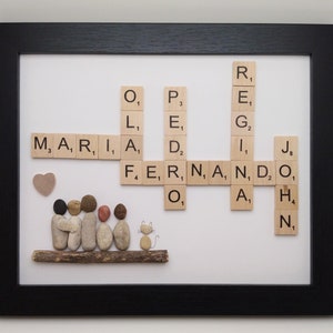 Personalized Scrabble Pebble Family Portrait - Framed Rock Art