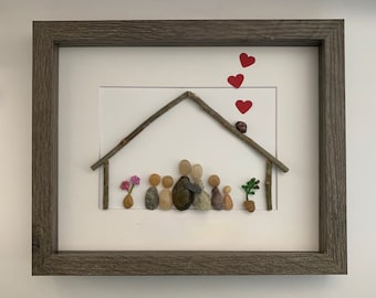 Family pebble art, new home gift, housewarming gift, pebble art family with pets, personalized gift, gift for family, picture friends family