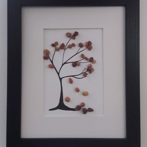 Fall tree pebble art picture frame, falling leaves, Autumn wall hanging, pebble art tree