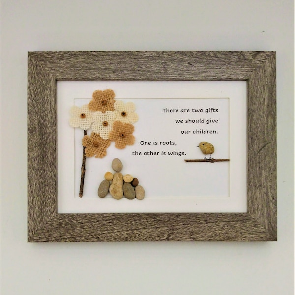 Pebble art gift for mom, give roots and wings, gift for empty nest mom, gift for teacher, personalized gift for dad father, gift for nanny