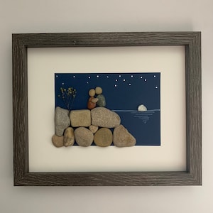 couple pebble art, love you to the moon sign, romantic wall art at lake, romantic night scene pebble art, anniversary gift