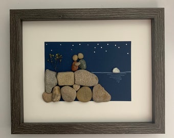 couple pebble art, love you to the moon sign, romantic wall art at lake, romantic night scene pebble art, anniversary gift