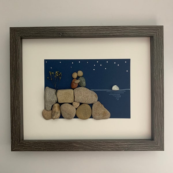 couple pebble art, love you to the moon sign, romantic wall art at lake, romantic night scene pebble art, anniversary gift