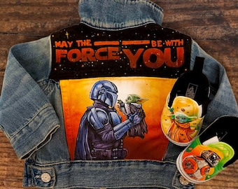 Handpainted & Airbrushed Infant's Sneakers and Jacket/Darth Vader/Star Wars /Baby Yoda Vans Slip on + Denim Jacket/made-to-order/Gift ideas