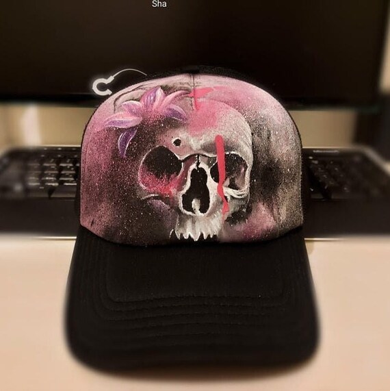 Handpainted Cap / Skull & Flower Truckerhat / One-off Design  display picture 2