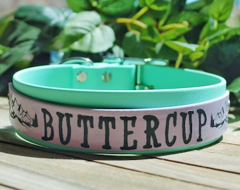 Custom Name Biothane Dog Collar - Two- Tone Collar, 1.5&quot; Inch Width: Waterproof, Vegan Leather, Adjustable, Durable, Easy to Clean