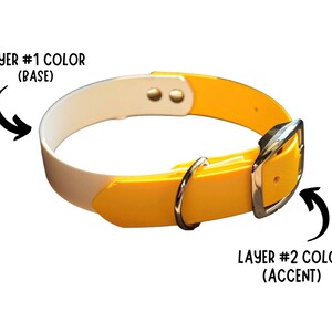 May include: A two-tone dog collar with a white base and yellow accent. The collar features a silver-colored buckle and a D-ring for leash attachment. Text on the image indicates the color layers.