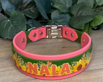 Kundenspezifisches Biothane-Halsband mit Herbstmotiven - Doppellagig - 3/4, 2,5 und 3,5 Zoll breit: Wasserdicht, veganes Leder, verstellbar, langlebig, leicht zu reinigen
