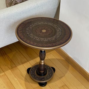 Hand Painted Rosewood Round Coffee Table - Naksheen Truck Art, Black Accent Furniture, End Table