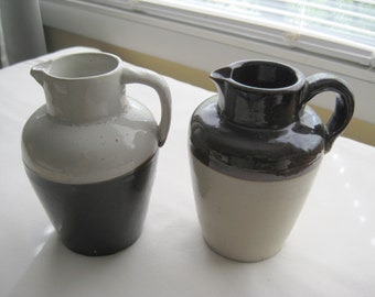 Lot of 2 Antique Stoneware Crock Pottery MILK PITCHERS Brown and Tan/Cream 6"