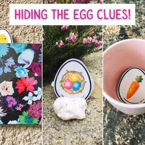 May include: Three Easter egg clues hidden in different locations. The first clue is a yellow chick peeking out from behind a book with a floral design. The second clue is a nest with three colorful eggs inside, hidden under a white rock. The third clue is a carrot inside a pink cup.