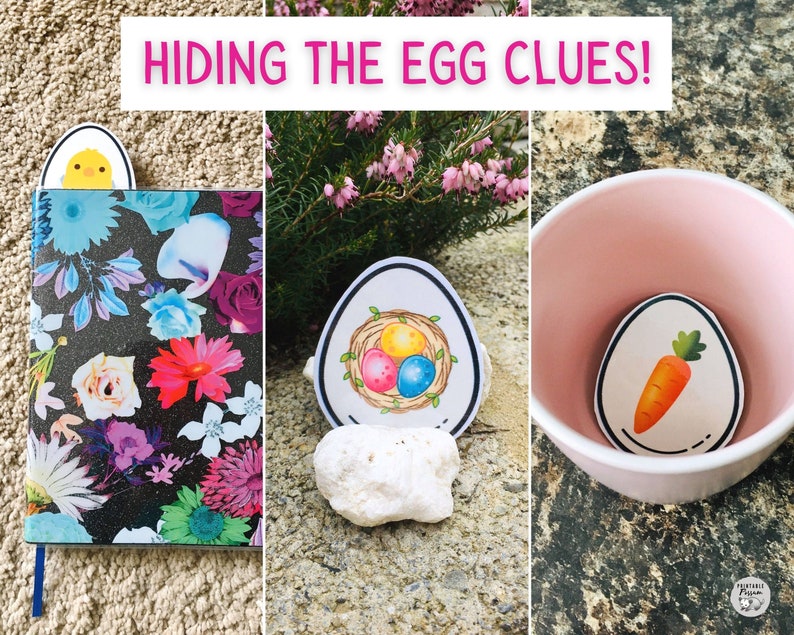 May include: Three Easter egg clues hidden in different locations. The first clue is a yellow chick peeking out from behind a book with a floral design. The second clue is a nest with three colorful eggs inside, hidden under a white rock. The third clue is a carrot inside a pink cup.
