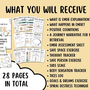 May include: A printable workbook for EMDR therapy, featuring 28 pages of worksheets and exercises. The workbook includes sections on safe space, thought tracking, SUDS scale, and more.
