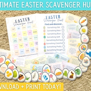 May include: Printable Easter scavenger hunt game with a checklist of items to find, such as something old, something new, something blue, something soft, something bumpy, something colorful, something pretty, and something rough. The game includes a printable checklist and 16 colorful egg-shaped cards with different images.