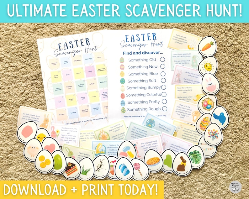 May include: Printable Easter scavenger hunt game with a checklist of items to find, such as something old, something new, something blue, something soft, something bumpy, something colorful, something pretty, and something rough. The game includes a printable checklist and 16 colorful egg-shaped cards with different images.