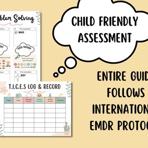 May include: A printable worksheet for children to help them learn problem-solving skills. The worksheet includes sections for identifying the problem, thinking about bad and good thoughts, and considering the reaction and sensation. The worksheet also includes a T.I.C.E.S log and record for tracking triggers, images, cognitive appraisal, emotion, severity, and behavior.