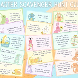 May include: A set of 15 colorful Easter scavenger hunt clue cards featuring illustrations of bunnies and eggs. The cards are printed on pastel pink, blue, and yellow backgrounds. Each card has a number and a rhyming clue.