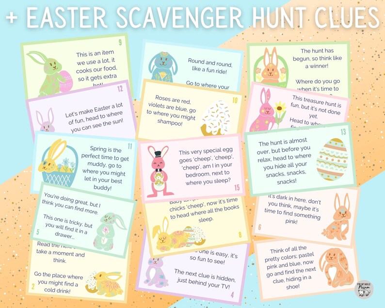 May include: A set of 15 colorful Easter scavenger hunt clue cards featuring illustrations of bunnies and eggs. The cards are printed on pastel pink, blue, and yellow backgrounds. Each card has a number and a rhyming clue.
