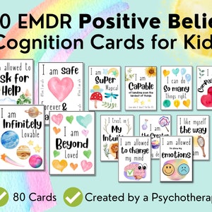 Karty poznawcze EMDR dla dzieci, karty pozytywnych przekonań, terapia EMDR, afirmacje pozytywnego myślenia, narzędzia terapii traumy dla dzieci, umiejętności radzenia sobie