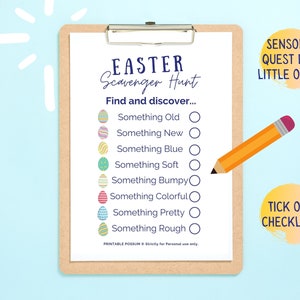 May include: A printable Easter scavenger hunt checklist with a checklist of items to find, including something old, something new, something blue, something soft, something bumpy, something colorful, something pretty, and something rough. The checklist is on a clipboard with a pencil.