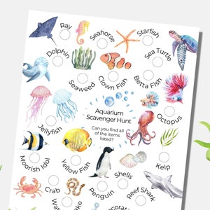 May include: A printable underwater scavenger hunt game with a checklist of sea creatures to find, including a ray, starfish, seahorse, dolphin, jellyfish, seaweed, sea turtle, betta fish, clown fish, octopus, moorish idol, yellow fish, shells, penguin, kelp, and reef shark.