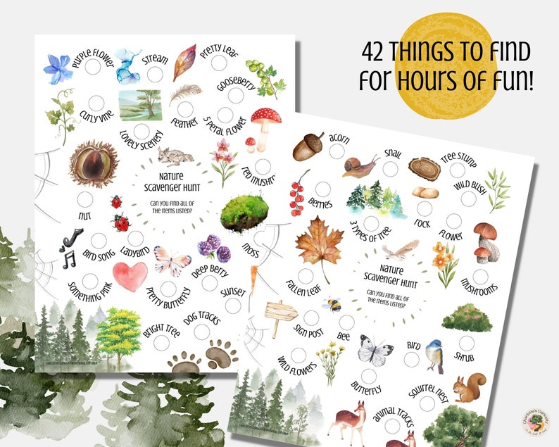 Pode incluir: Uma lista de ca&ccedil;a ao tesouro da natureza imprim&iacute;vel com 42 itens para encontrar na floresta. A lista inclui itens como bolotas, bagas, cogumelos e um ninho de esquilo. O texto "42 COISAS PARA ENCONTRAR PARA HORAS DE DIVERS&Atilde;O!" est&aacute; no topo da p&aacute;gina.