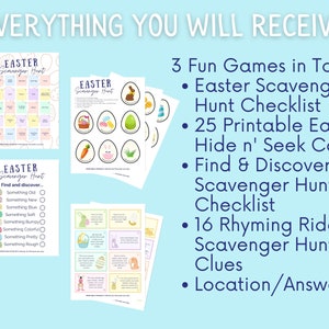 May include: A printable Easter scavenger hunt game set with three different games: a checklist, a find and discover checklist, and a rhyming riddle scavenger hunt. The set includes 25 printable Easter hide and seek cards and location/answers.