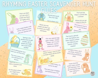May include: A set of 15 colorful Easter scavenger hunt clue cards featuring bunny illustrations and rhyming clues. The cards are printed on pastel blue, pink, and yellow backgrounds.