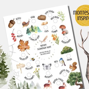 Pode incluir: Uma lista de verifica&ccedil;&atilde;o de ca&ccedil;a ao tesouro da natureza imprim&iacute;vel com uma ilustra&ccedil;&atilde;o em aquarela de uma cena de floresta. A lista de verifica&ccedil;&atilde;o inclui itens como bolotas, carac&oacute;is, tocos de &aacute;rvores, arbustos selvagens, bagas, folhas ca&iacute;das, postes de sinaliza&ccedil;&atilde;o, abelhas, borboletas, p&aacute;ssaros, ninhos de esquilos, pegadas de animais e muito mais.