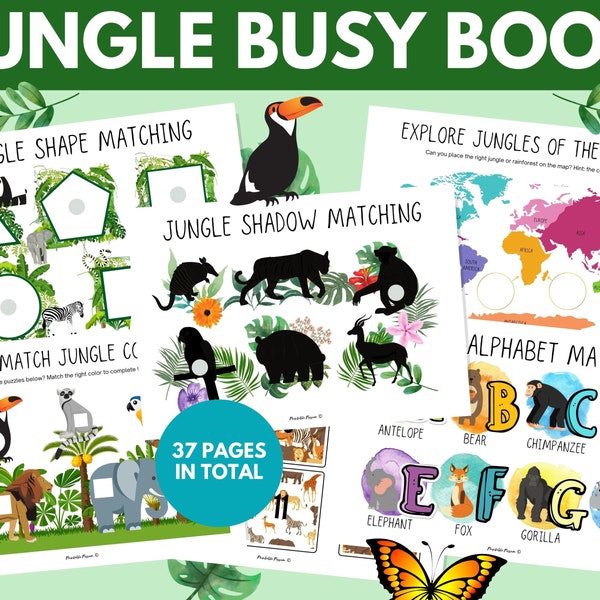 Jungle Animal Busy Book, Busy Book Printable, Printable Busy Book, Preschool Busy Book, Matching Activities, Toddler Learning Binder