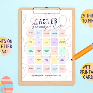 May include: A printable Easter scavenger hunt checklist with 25 items to find. The checklist is on a clipboard with a yellow pencil next to it. The checklist has a pastel pink, blue, and green color scheme.