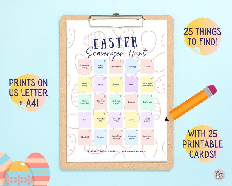 May include: A printable Easter scavenger hunt checklist with 25 items to find. The checklist is on a clipboard with a yellow pencil next to it. The checklist has a pastel pink, blue, and green color scheme.