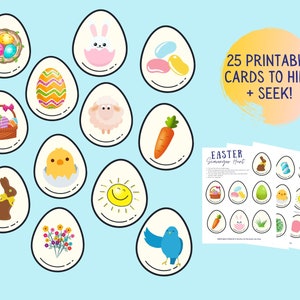 May include: 25 printable Easter egg cards with various images including a chick, bunny, carrot, jelly beans, flowers, and a basket of eggs. The cards are designed for an Easter scavenger hunt.