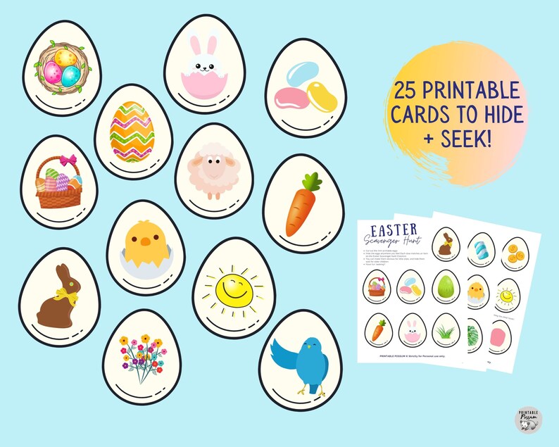 May include: 25 printable Easter egg cards with various images including a chick, bunny, carrot, jelly beans, flowers, and a basket of eggs. The cards are designed for an Easter scavenger hunt.