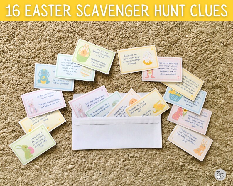 May include: A set of 16 Easter scavenger hunt clues printed on colorful cards with bunny and chick illustrations. The cards are scattered on a beige carpet with a white envelope in the center.