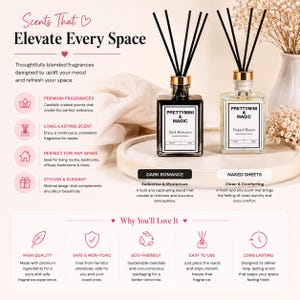 May include: Two square glass reed diffusers with black reeds and gold collars. One bottle contains dark liquid labeled PRETTYMINI & MAGIC Dark Romance, the other contains clear liquid labeled PRETTYMINI & MAGIC Naked Sheets. Text includes Scents That Elevate Every Space and Why You'll Love It.