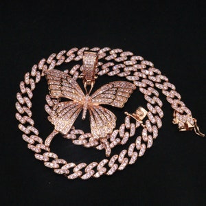 Cubic Zirconria Pink Butterfly Pendant With Icy Cuban Link - Etsy