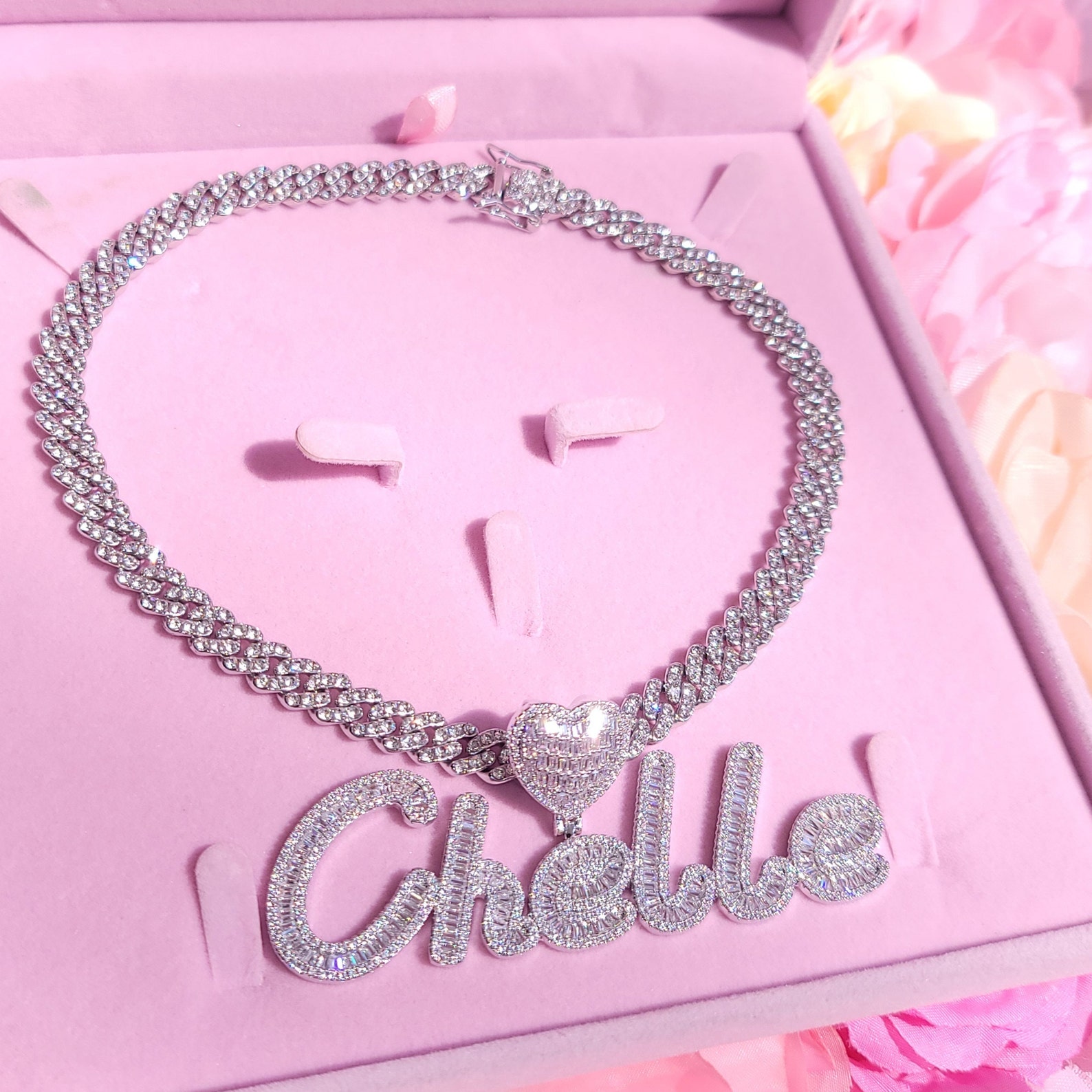 Personalized Name Baguette Diamond Necklace With Cuban Etsy