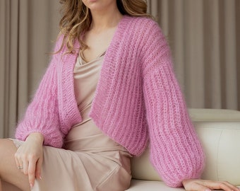 pink crochet chunky cardigan women, mohair knit bridal cardigan,  bright lightweight lace cardigan, spring women's clothing, knitwear