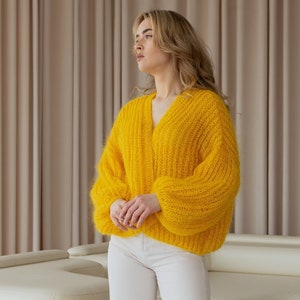 mohair crochet oversized open front cardigan, balloon sleeves chunky cardigan, yellow wool cardigan, textured knitted colorful cardigan image 8