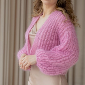 pink crochet chunky cardigan women, mohair knit bridal cardigan, bright lightweight lace cardigan, spring women's clothing, knitwear image 7