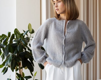 cardigan gris classique en mohair au crochet pour femmes, cardigan décontracté léger en tricot épais, cardigan tricoté, vêtements de printemps, veste au crochet