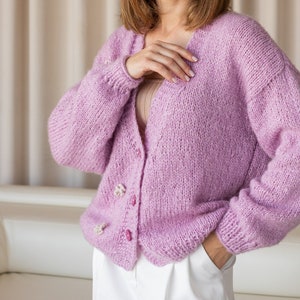 cardigan en alpaga brodé au crochet, pull cardigan à boutons, vêtements printemps pour femmes, tricots, cardigan doux, cardigan rose épais image 1