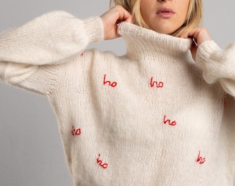 ugly christmas alpaca sweater, crochet merino wool fall sweater, santas favorite ho christmas sweater women,christmas sweatshirt embroidered