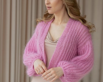 Cardigan épais rose au crochet pour femme, cardigan de mariée en tricot de mohair, cardigan en dentelle léger et lumineux, vêtements de printemps pour femmes, tricots