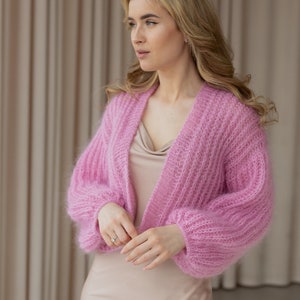 pink crochet chunky cardigan women, mohair knit bridal cardigan, bright lightweight lace cardigan, spring women's clothing, knitwear image 2