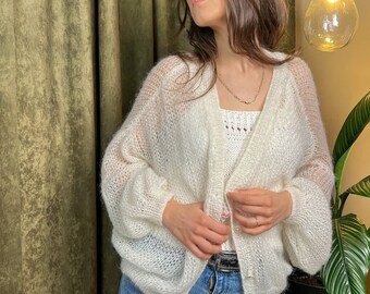 weiße Spitze Mohair stricken Braut Cardigan, Ballon-Ärmeln lose stricken Hochzeit Cardigan, klobige offene vorne Strickjacke, Frühling Kleidung, Strickmode