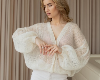 Handmade White Mohair Bridal Cardigan, Sheer Knit Wedding Cover-Up, Oversized Winter Sweater