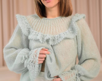 spring ruffled knit sweater women, lace collar ruffle spring blouse, handmade mohair knitted sweater, knitwear french style falling sweater