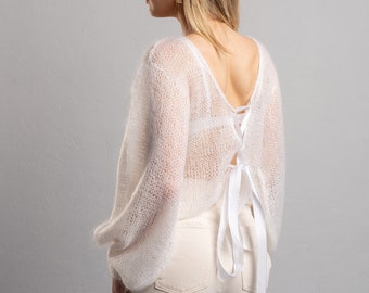 White mohair bridal sweater, hand knit open back wedding sweater, lightweight knitted sweater, aesthetic clothing bridal knitwear